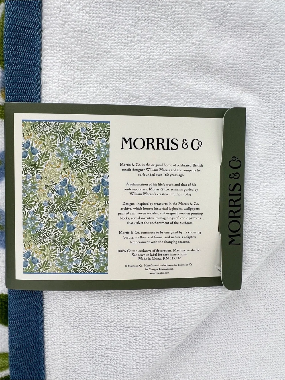 William Morris Bath Towels Floral Blue Green White Soft Velour Cotton 2 Pc NEW